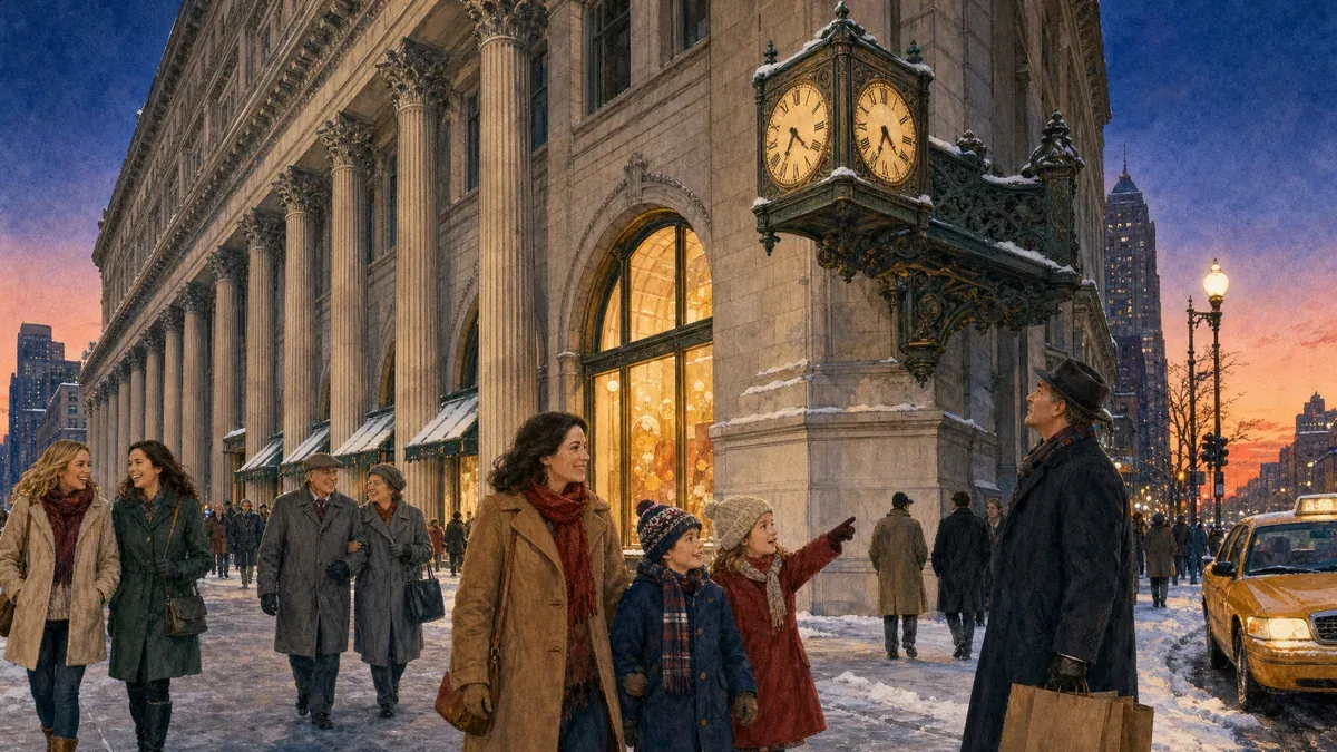 Фасад универмага Marshall Field's на State Street в Чикаго ночью в декабре, знаменитые угловые часы, заснеженные тротуары, тёплый свет витрин