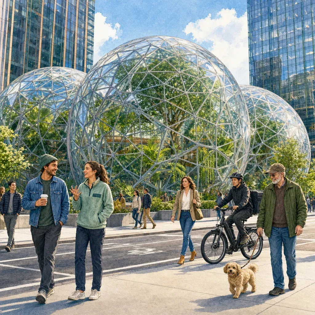 Акварельная иллюстрация — Amazon Spheres в Сиэтле, три гигантские стеклянные сферы у штаб-квартиры Amazon, внутри видна тропическая растительность, прохладное серое сиэтлское утро, современный городской фасад из стекла и стали на заднем плане