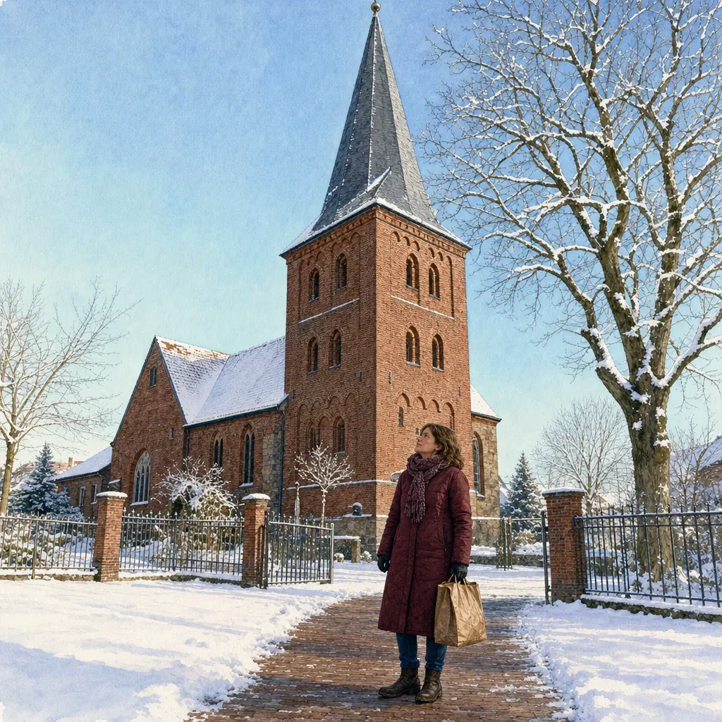 Акварельная иллюстрация — лютеранская церковь Stephanuskirche XII века в деревне Himmelpforten, Нижняя Саксония, кирпичная башня с островерхим шиферным шпилем, романо-готические окна, заснеженный церковный двор, бледно-голубое зимнее небо