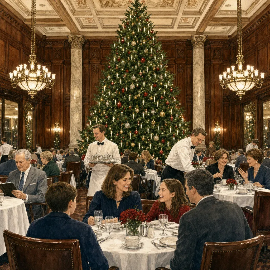 Акварельная иллюстрация — знаменитый Walnut Room ресторана внутри универмага Marshall Field's в Чикаго, гигантская рождественская ель в центре зала, ореховые деревянные стены, мраморные колонны, столики с белыми скатертями, тёплое освещение, чикагская историческая роскошь