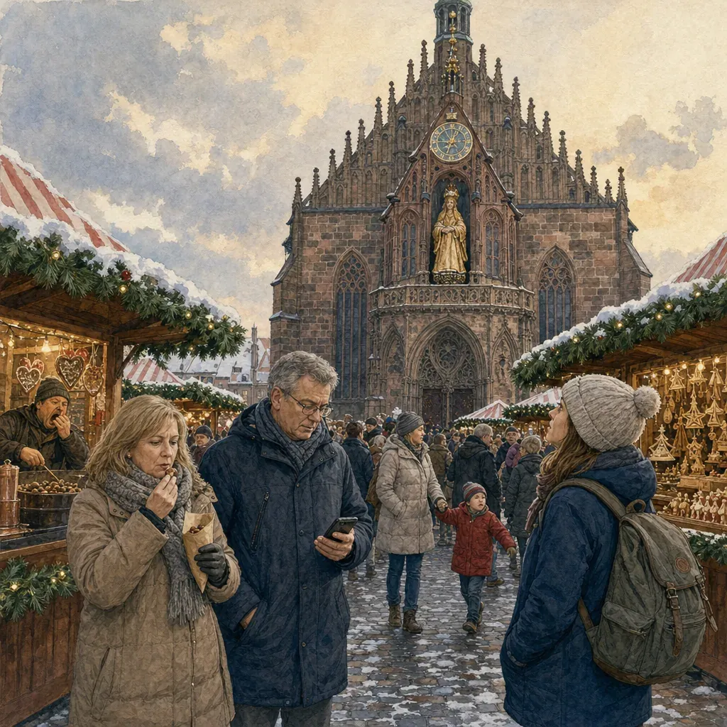 Акварельная иллюстрация — нюрнбергская Frauenkirche на площади Hauptmarkt, барочный балкон с фигурой Christkind в золотых одеждах и короне, толпа на рождественской ярмарке внизу, заснеженные прилавки, вечерний свет