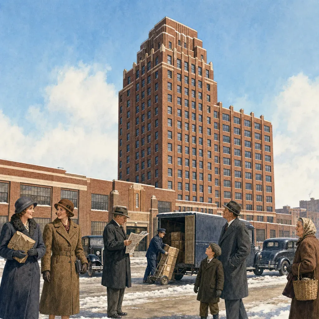 Акварельная иллюстрация — Sears Merchandise Building Tower на Homan Avenue в Чикаго в 1930-х, монументальная кирпичная башня универмага в стиле ар-деко, заснеженная городская площадь, низкое декабрьское солнце, силуэты транспорта эпохи, индустриальная американская архитектура