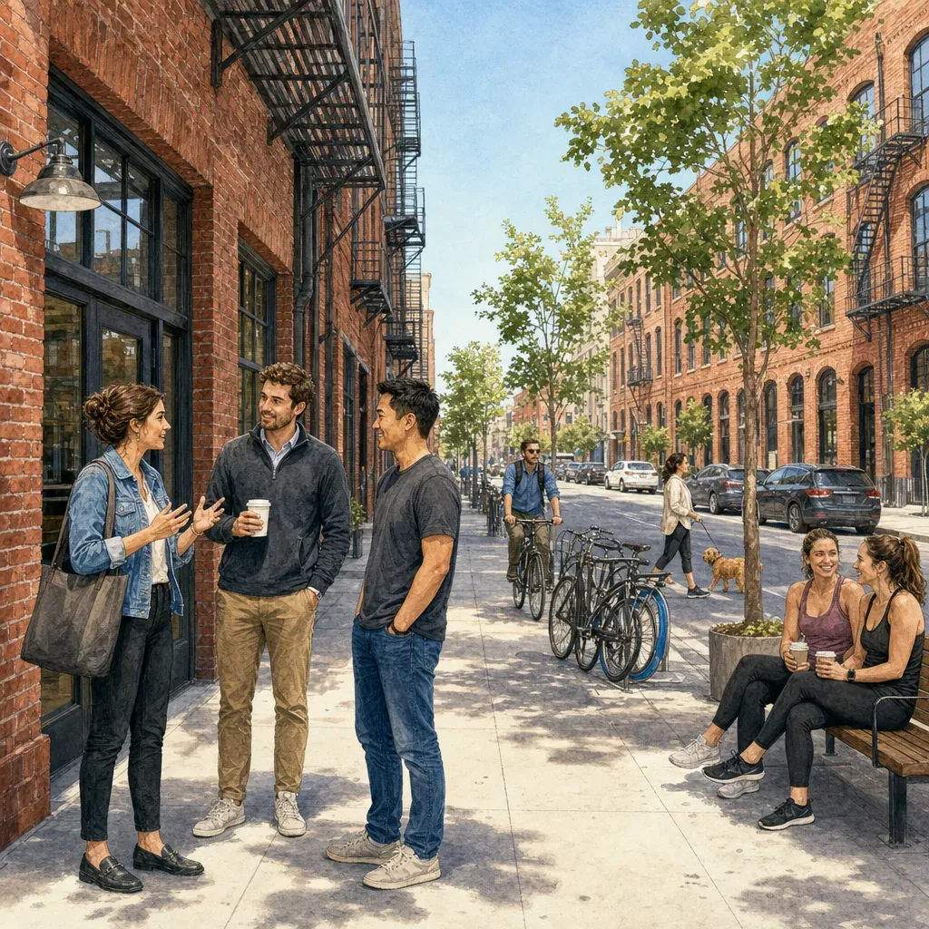 Акварельная иллюстрация — улица Brannan Street в районе SoMa в Сан-Франциско, переоборудованные кирпичные складские здания с офисами стартапов, пожарные лестницы на фасадах, утренний свет, велосипедисты, типичная архитектура южного Маркета