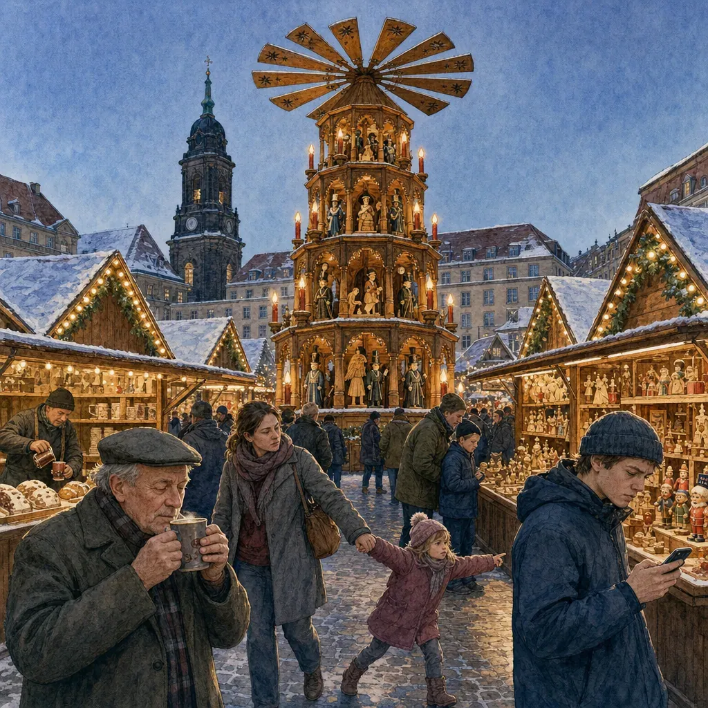 Акварельная иллюстрация — Striezelmarkt в Дрездене, старейшая рождественская ярмарка Германии (с 1434 года) на площади Altmarkt, гигантская деревянная рождественская пирамида в центре, прилавки с глювайном и резными игрушками, снег, толпа