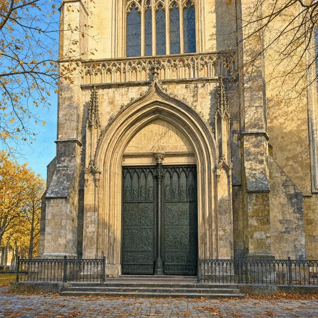 Акварельная иллюстрация — Schlosskirche в Виттенберге, знаменитая бронзовая дверь, на которой Лютер прибил 95 тезисов в 1517 году, фасад замковой церкви в пасмурный ноябрьский день, готическая башня